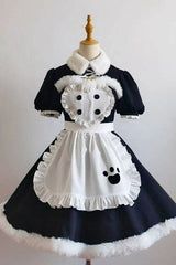 Black/White Cat Paw Print Short Sleeves Maid Sweet Lolita Dress Set - Product - 2