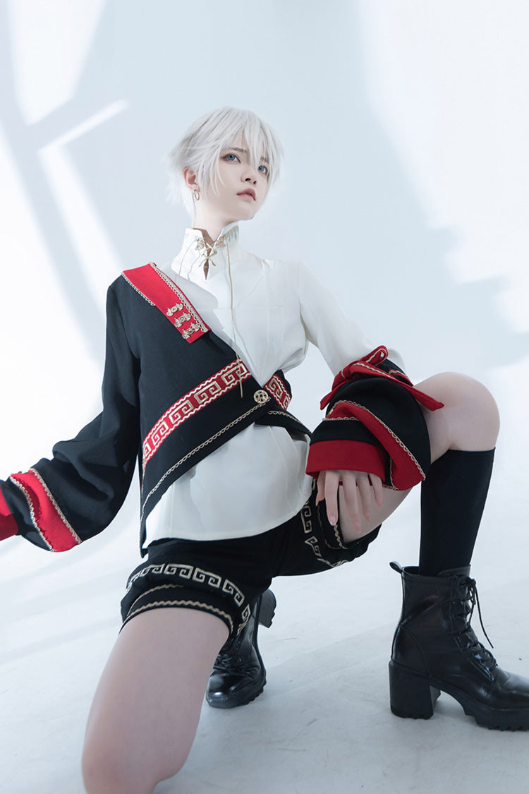 [Cangzhu] Stand Collar Long Sleeves Embroidered Asymmetric Classic Chinese Inspired Vintage Ouji Lolita Shorts Set - Product - 7
