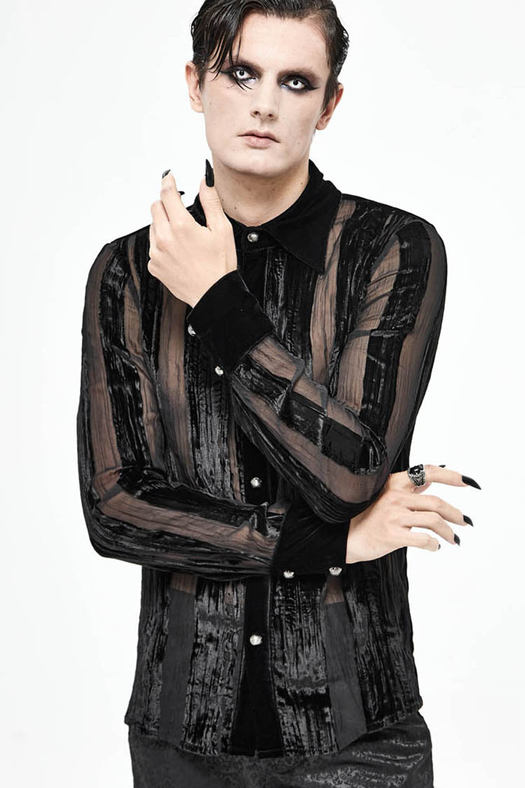 Black Striped Velvet Fold Mushroom Metal Buckles Long Sleeve Irregular Men's Gothic Shirt - Product - 3