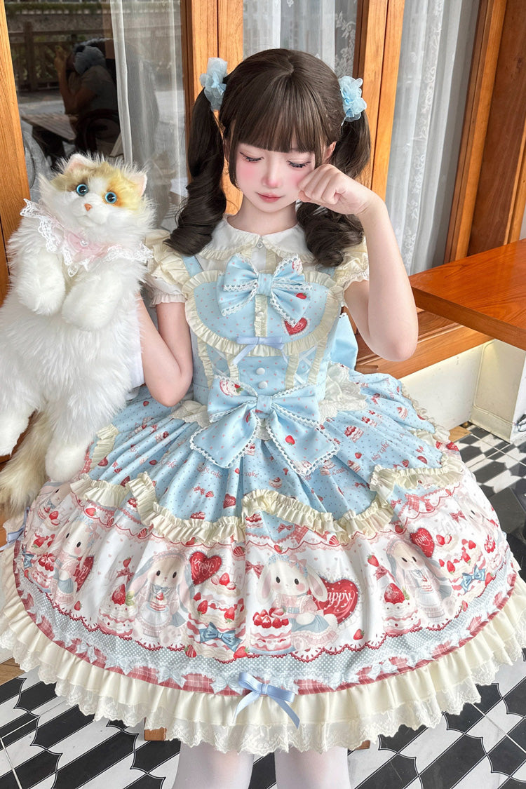 Blue [Cute Rabbit Party] Sleeveless Double-Layered Printed Ruffled Bow Sweet Lolita Jsk Dress - Product - 4
