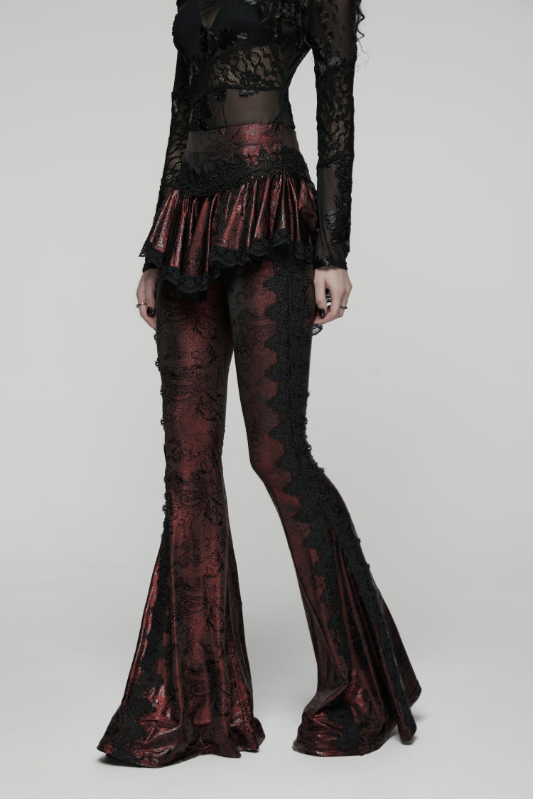 Red Printed Lace Slim Faux Two-Piece Women's Gothic Flared Pants - Product - 6