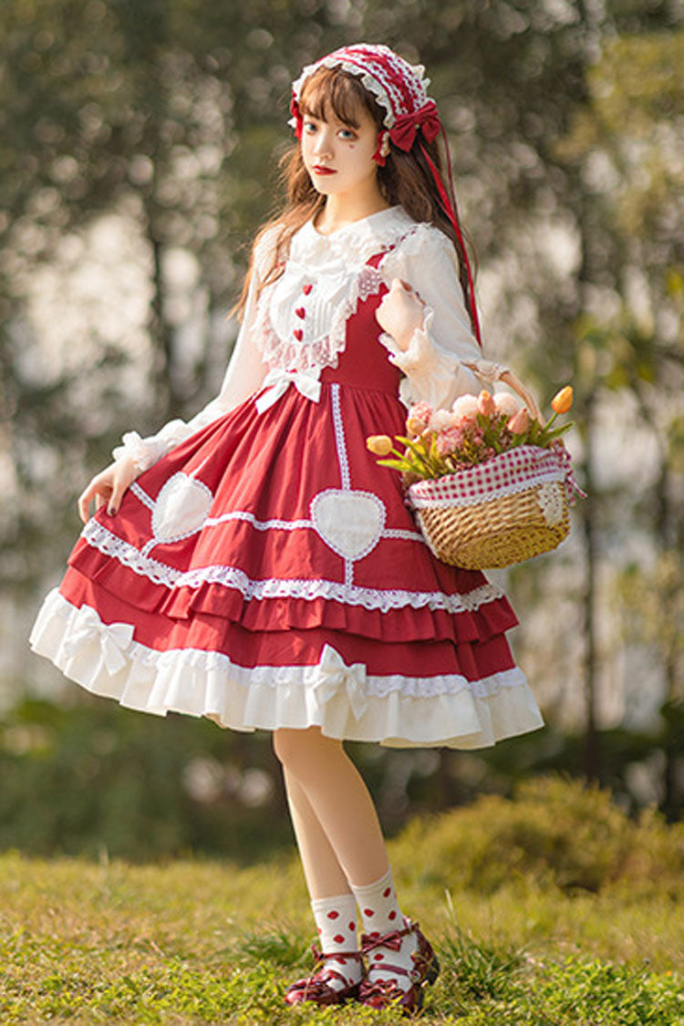 Wine Red Lace Stitching High Waisted Bowknot Ruffled Sweet Lolita Jsk Dress - Product - 5