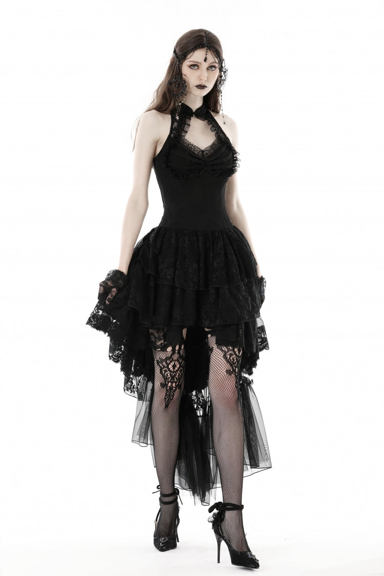 Black Off Shoulder Halterneck Sleeveless Irregular High Low Multi-Layered Lace Women's Gothic Dress - Product - 8