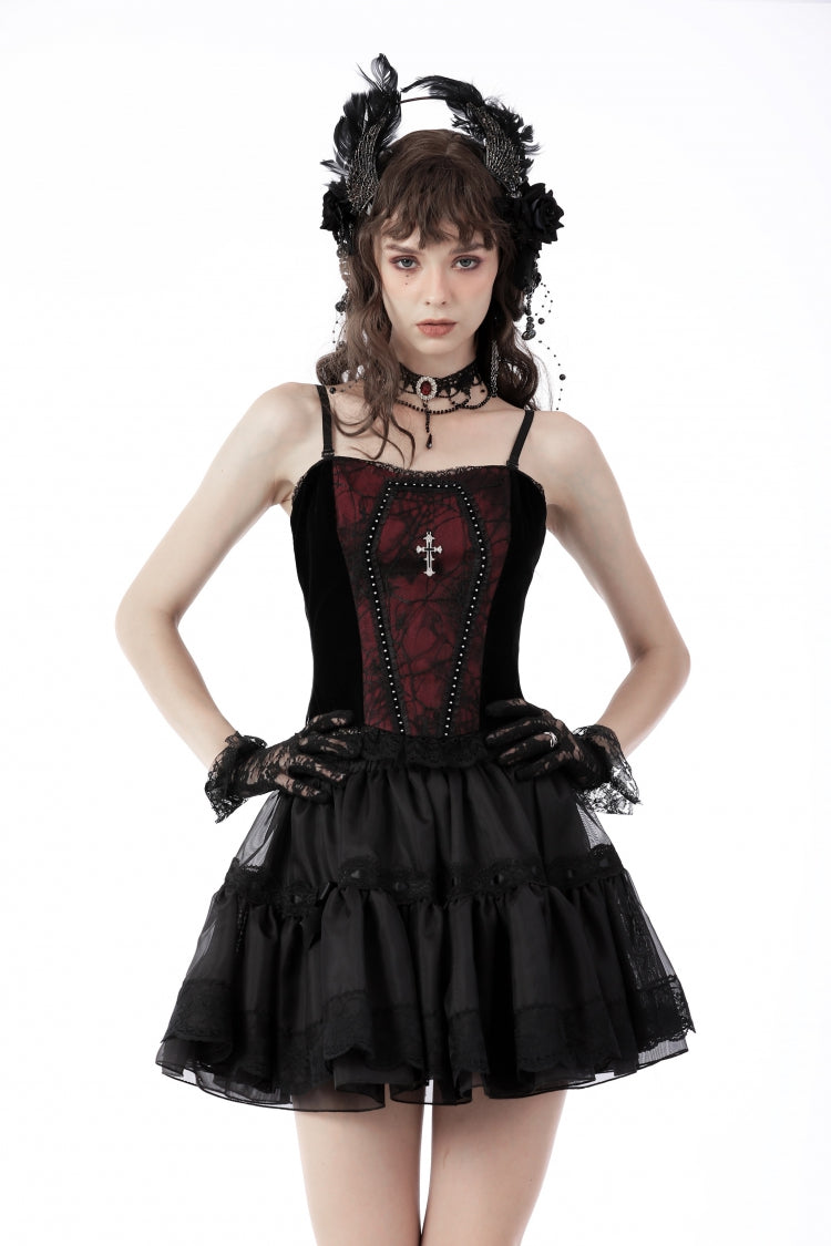 Dark Red Cross Shoulder Straps Jacquard Lace-Up Women's Gothic Overbust Corset - Dark-Red - 1