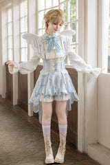 White/Blue [Angel’s Covenant] Stand Collar Long Sleeves Striped Printed Bow Gothic Ouji Lolita Suspender Shorts Set - Product - 8
