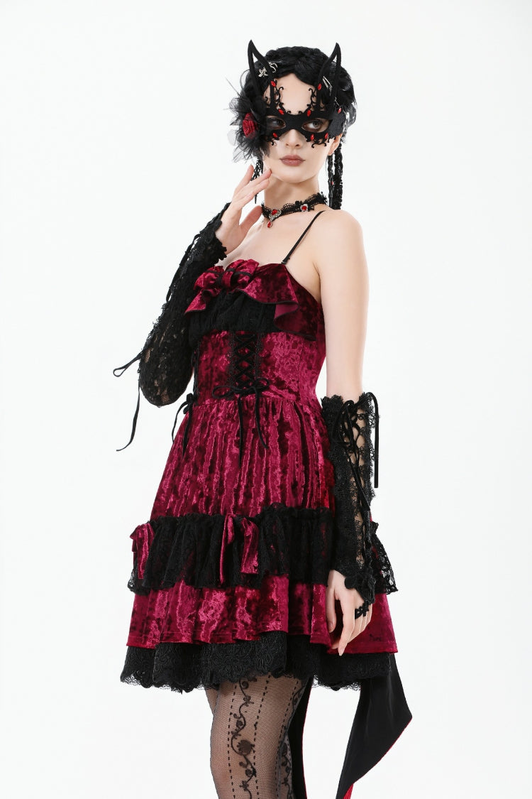 Wine Red Corset Lace-Up Velvet Irregular Pointed Tail Women's Lolita Gothic Cami Mini Dress - Product - 5