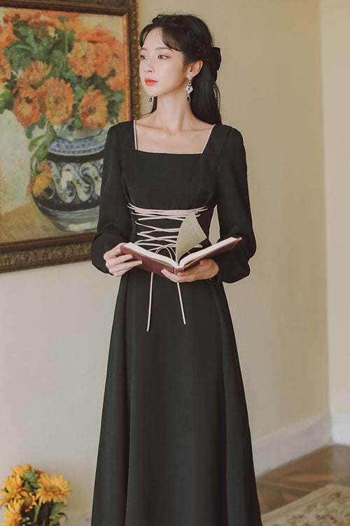 Black Solid European Manor Square Collar Long Sleeves High Waisted Classic Lolita OP Dress - Product - 2