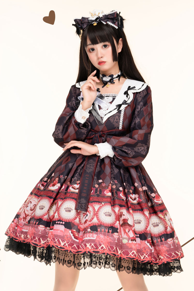Black [Afternoon Fantasia] Long Sleeves Print Ruffle Bowknot Sweet Lolita Jsk Dress - Black - 1