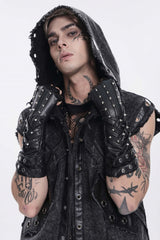 Black Studded Men's Punk Cool Fingerless Gloves - Product - 9