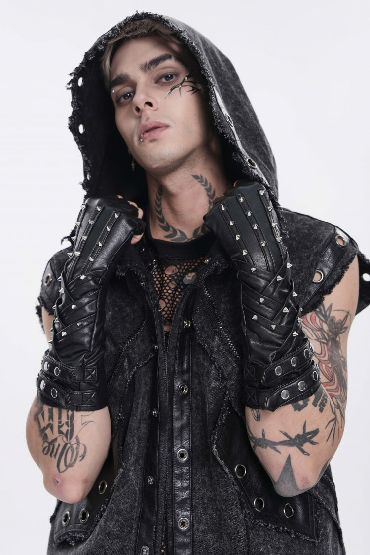 Black Studded Men's Punk Cool Fingerless Gloves - Product - 9
