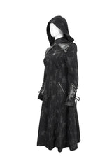 Black Faux Leather Splice With Hood Irregular Pattern Print Long Women's Punk Coat - Product - 8