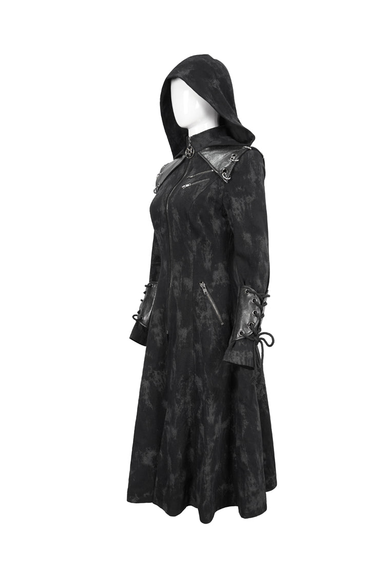 Black Faux Leather Splice With Hood Irregular Pattern Print Long Women's Punk Coat - Product - 8