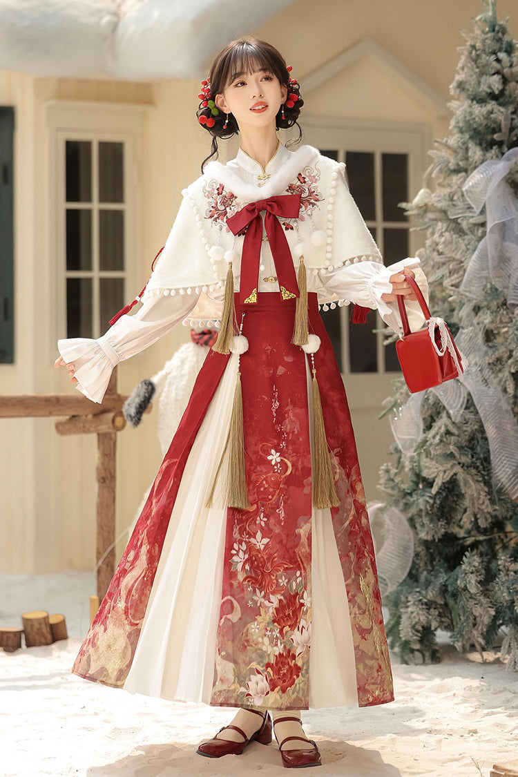 Red/White Lapel Collar Long Sleeves High Waisted Jacquard Print Embroidery Pleated Women's Chinese Style Gorgeous Hanfu Dress Set - Red/White - 1