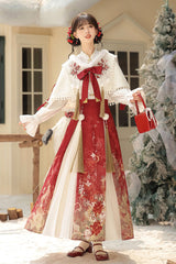 Red/White Lapel Collar Long Sleeves High Waisted Jacquard Print Embroidery Pleated Women's Chinese Style Gorgeous Hanfu Dress Set - Red/White - 1