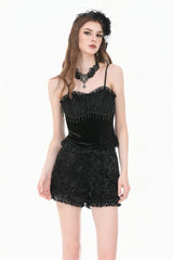 Black 3D Floral Jacquard Lace-Trimmed Women's Gothic Mini Shorts - Product - 9