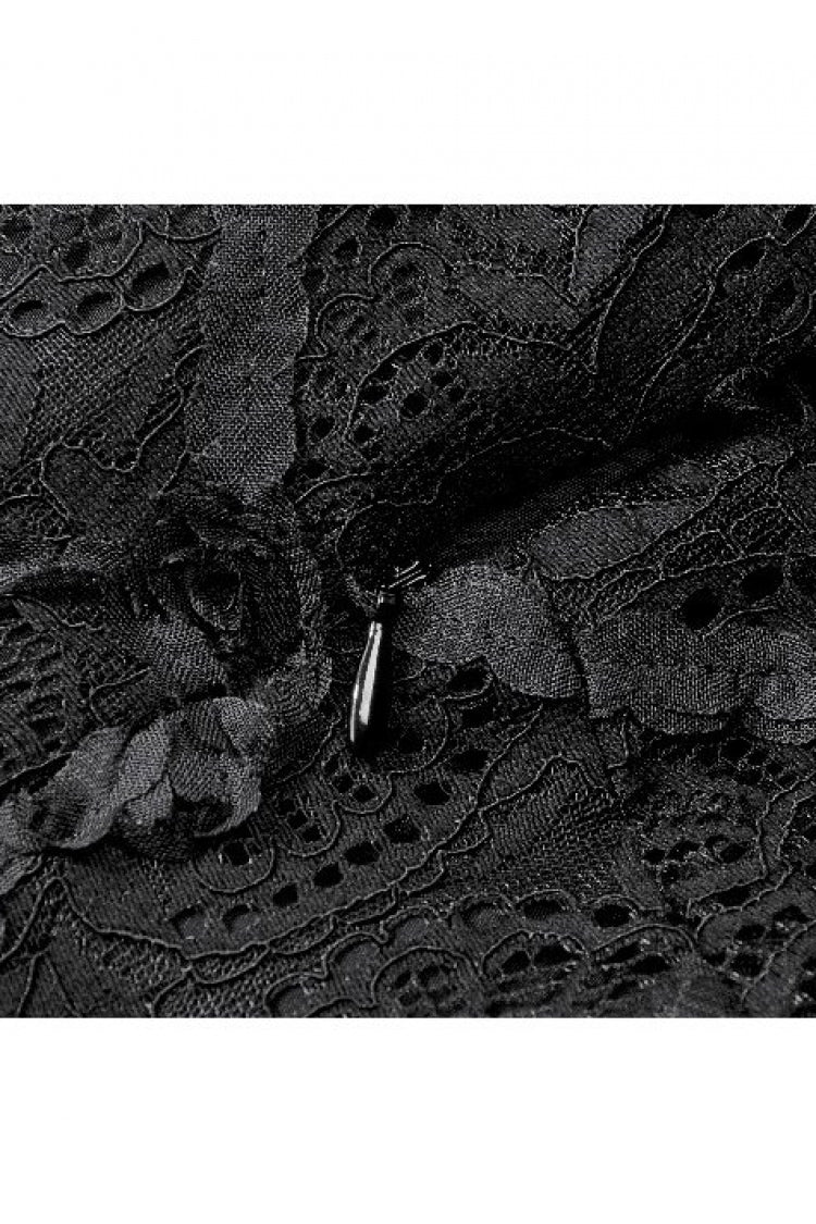 Black Ruffled Mock Neck Floral Cross Lace Splice Sheer Mesh Sleeveless Lace-Up Women's Gothic Dress - Product - 20