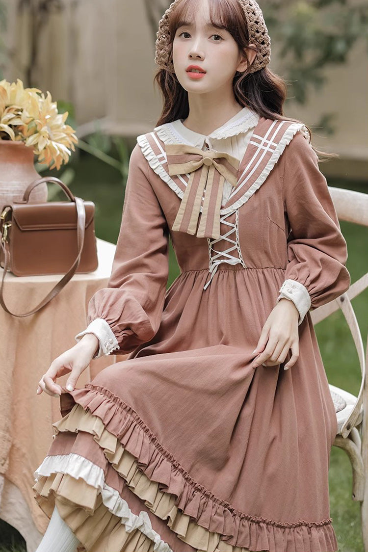 Brown Long Sleeves Multi-layer Ruffle Two Fake Pieces Sweet (Dress Only) detail view 3