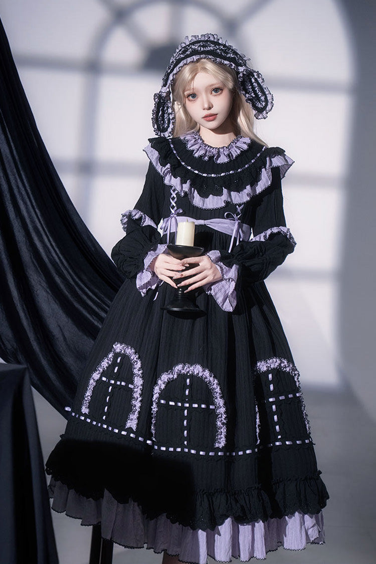 Black [Twin Lilian] Round Collar Long Sleeves Double-Layered Ruffled Bow Lace-Up Gothic Lolita Dress - Product - 7
