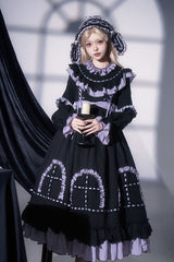Black [Twin Lilian] Round Collar Long Sleeves Double-Layered Ruffled Bow Lace-Up Gothic Lolita Dress - Product - 7