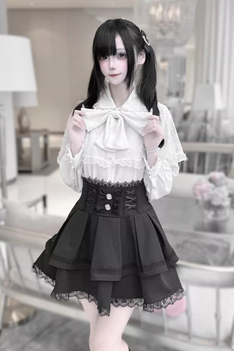 [Dark Moon Shadow] Long Sleeves Double-Layered Ruffled Embroidered Bow Lace-Up Gothic Jirai Kei Lolita Top + Skirt Set - Product - 10