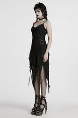 Black Sleeveless Lace Irregular Ripped Women's Gothic Party Slip Dress - Product - 2