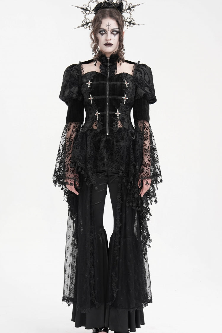 Black Long Sleeves Hollow Lace Tassels Women's Gothic Jacket - Product - 4