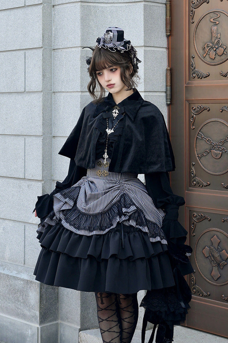 Black [Point Manor] Multi-Layered Striped Printed Ruffled Lifted Hem Bow Gothic Lolita Skirt - Product - 8