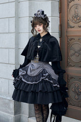 Black [Point Manor] Multi-Layered Striped Printed Ruffled Lifted Hem Bow Gothic Lolita Skirt - Product - 8