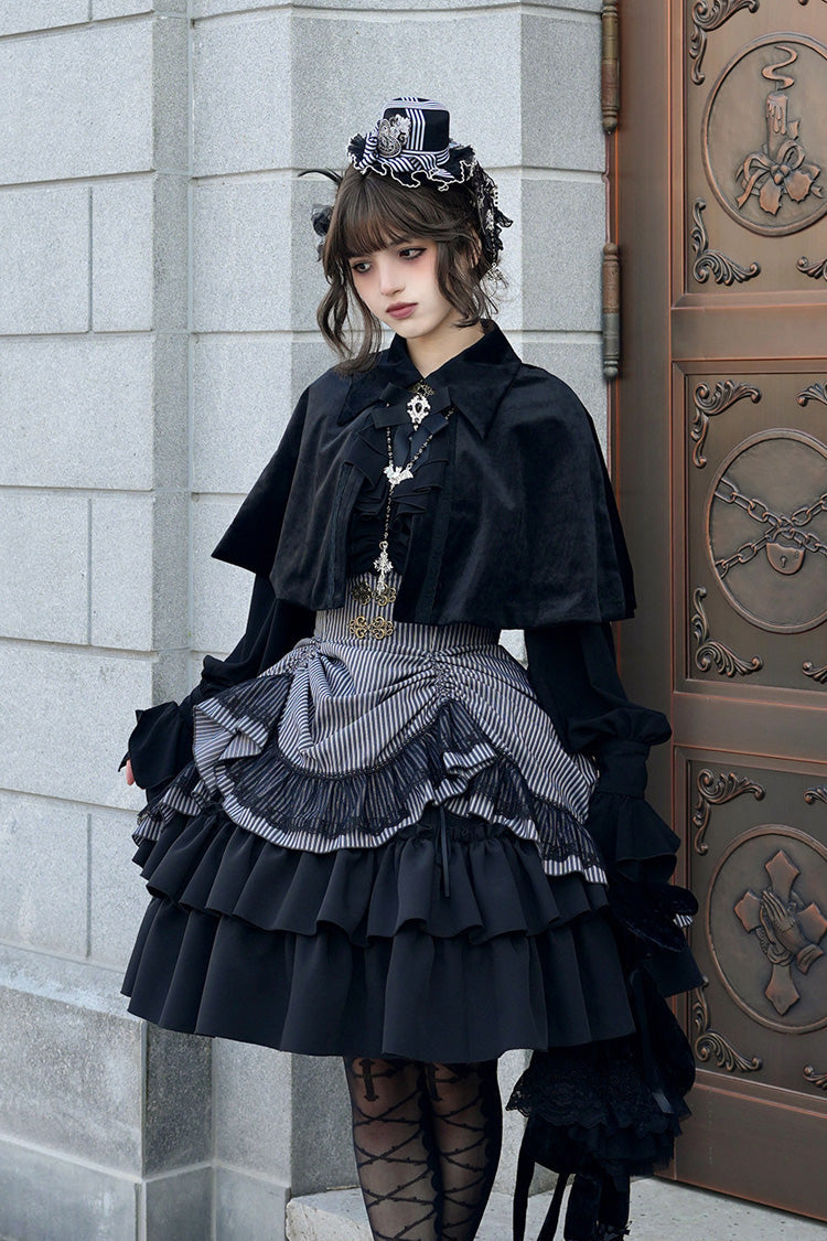 Black [Point Manor] Multi-Layered Striped Printed Ruffled Lifted Hem Bow Gothic Lolita Skirt - Product - 8