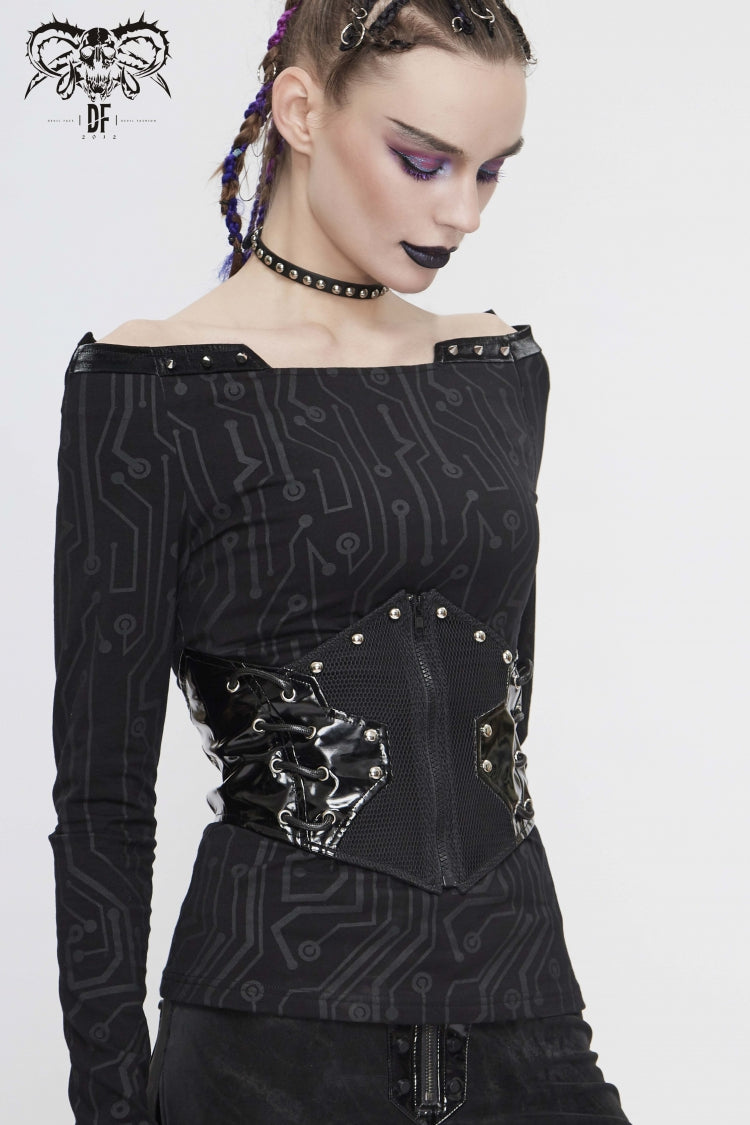 Black Patchwork Lace-Up Slim Fit Studded Zippered Women's Gothic Cool Accessory Corset Belt - Product - 4