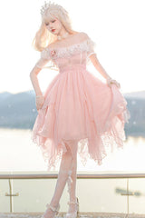 Pink Square Neck Boat Neck Versatile Lace Short Sleeves Irregular Petal Hem Sweet Lolita Dress - Product - 3