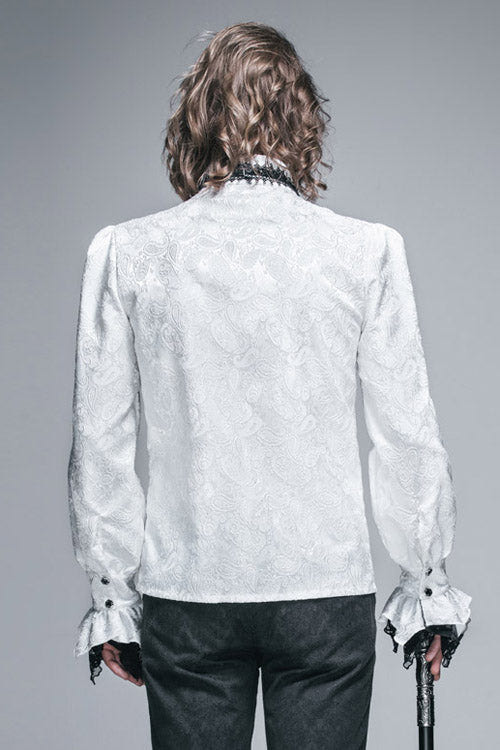 White Shining Rose Print Lace Cuff Mens Gothic Blouse - Product - 3