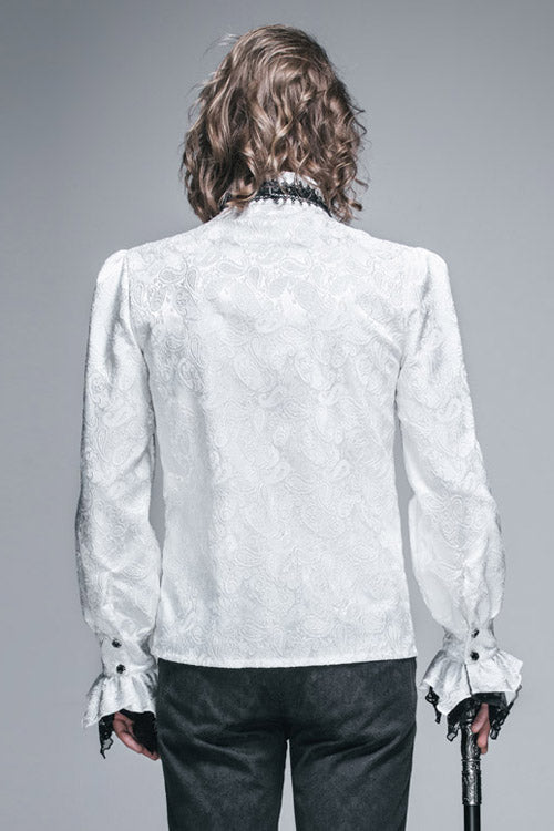 White Shining Rose Print Lace Cuff Mens Gothic Blouse - Product - 3