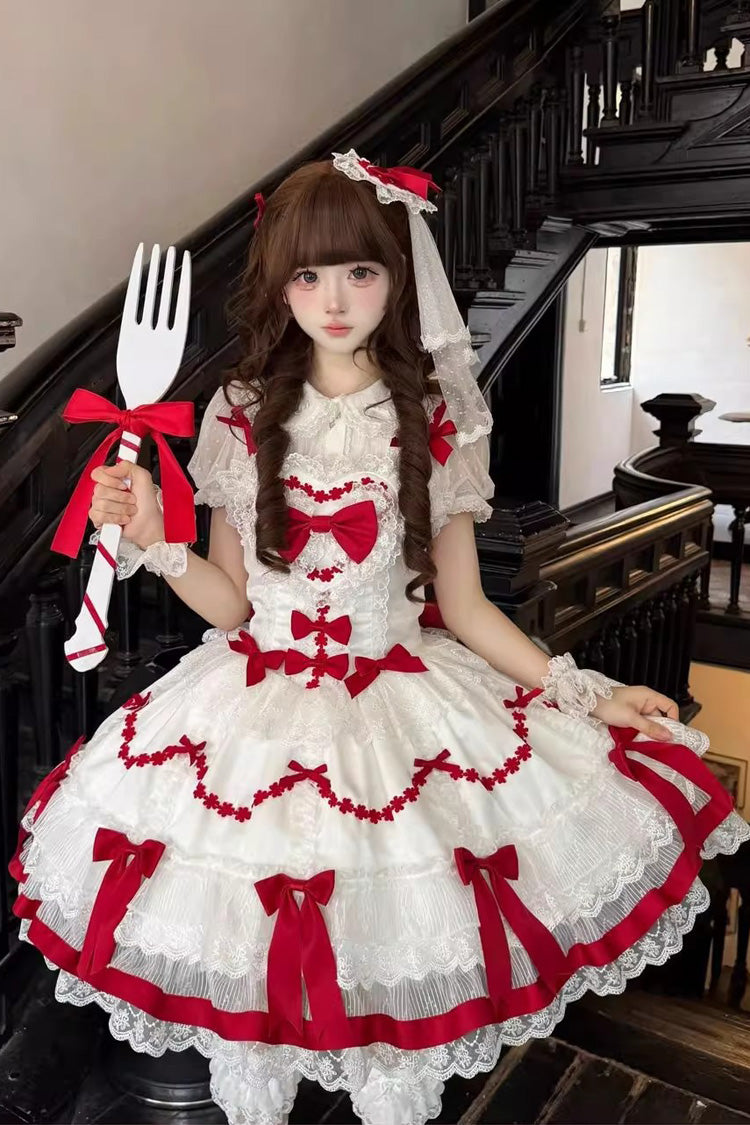 Red/White [Scarlet Heart Cocoa] Sleeveless Triple-Layered Ruffle Embroidery Bowknot Lace Sweet Lolita Jsk Dress - Product - 4