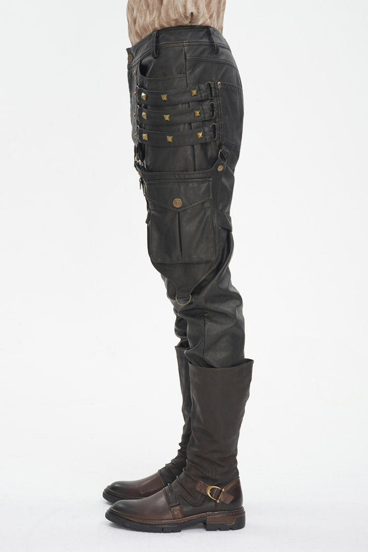 Black Big Pocket Bronze Studded Faux Leather Men's Gothic Pants - Product - 3