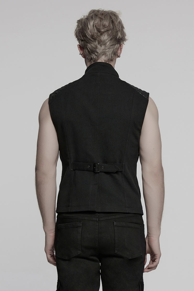 Black Stand Collar Armour Stitching Men's Punk Vest - Product - 3