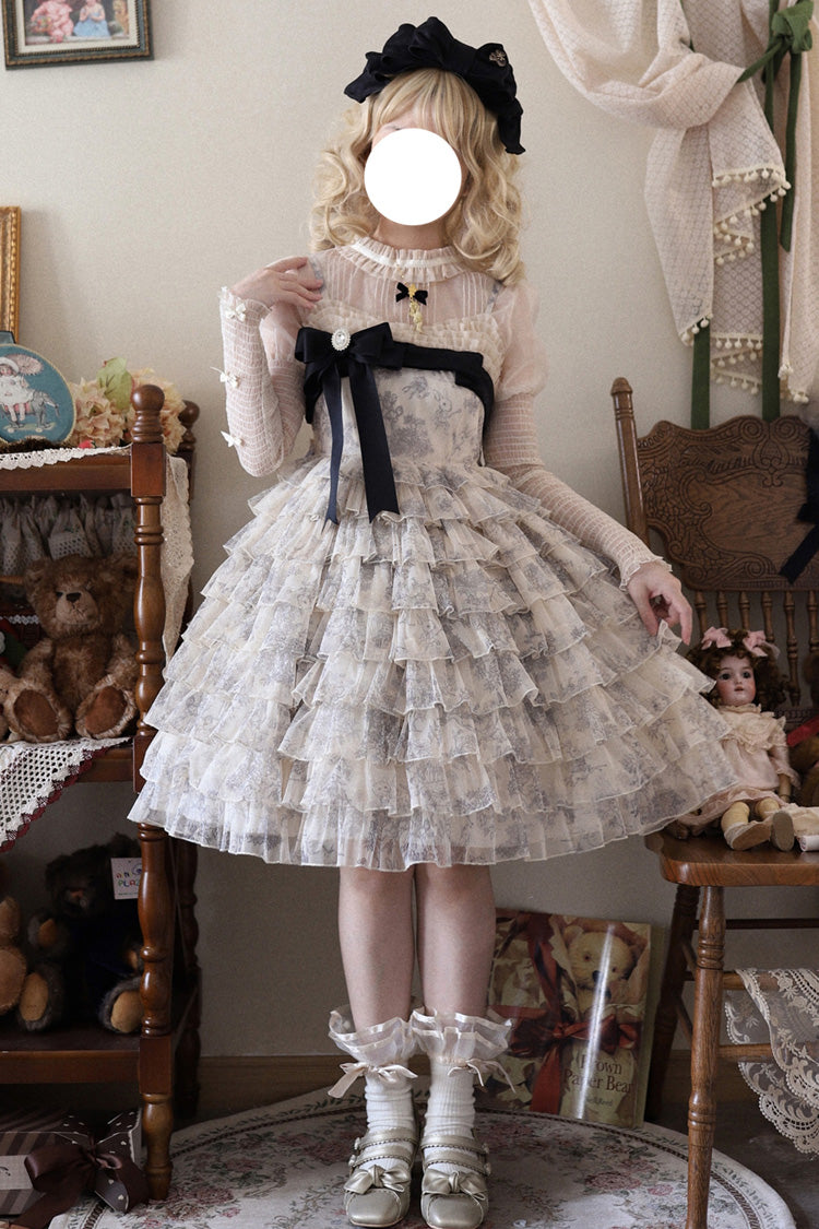 Multi-Color [Wonderland Travels] Multi-Layered Print Ruffle Bowknot Sweet Lolita Tiered Dress - Multi-Color - 1