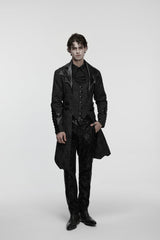 Black Lapel Collar Long Sleeves Jacquard Spliced Lace-Up Slim Buckled Men's Gothic Coat - Black - 1