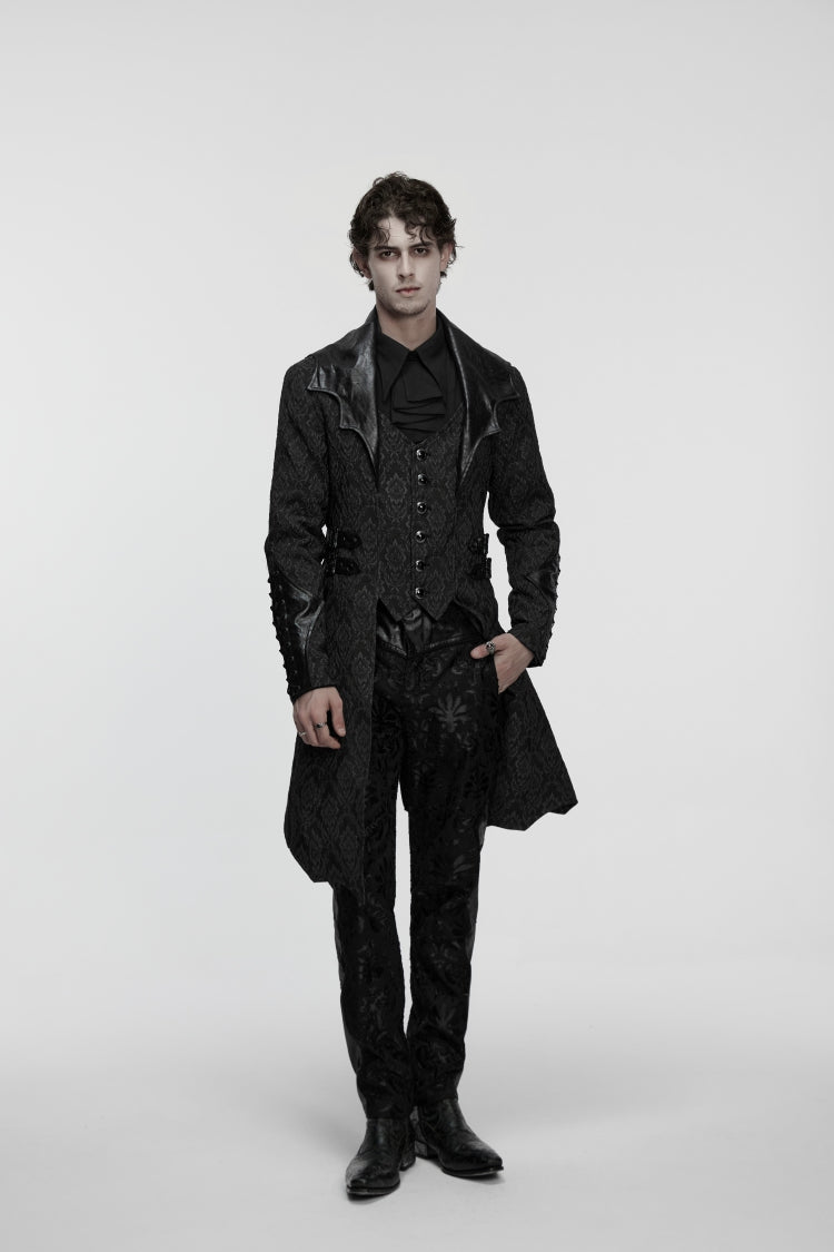 Black Lapel Collar Long Sleeves Jacquard Spliced Lace-Up Slim Buckled Men's Gothic Coat - Black - 1