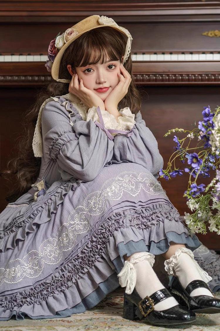 Purple Long Sleeves Ruffle Embroidery Bowknot Sweet Plus Size Elegant Lolita Dress - Product - 4