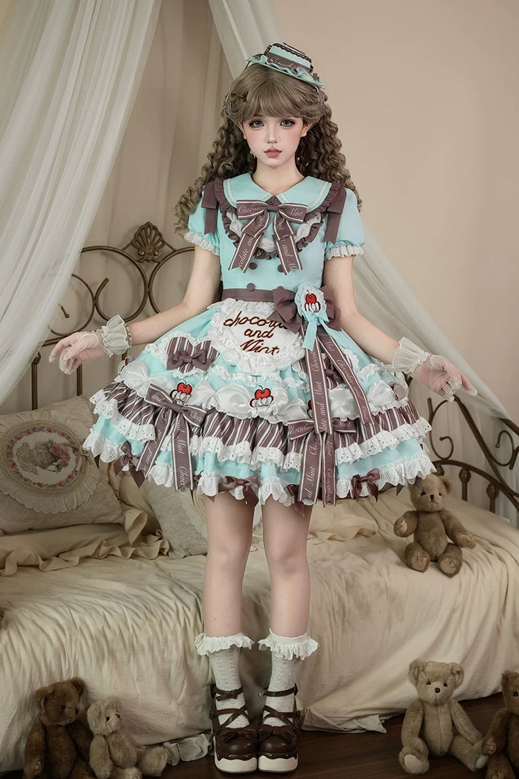 Green [Cherry Mille-Feuille] Lapel Collar Short Sleeves Triple-Layered Printed Ruffled Bow Lace Princess Sweet Lolita Dress - Product - 9
