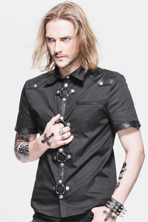 Black Locomotive Lapel Collar Short Sleeves Cotton Mens Punk Blouse - Product - 2