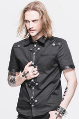 Black Locomotive Lapel Collar Short Sleeves Cotton Mens Punk Blouse - Product - 2