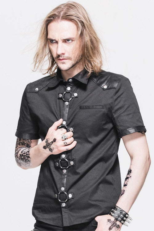 Black Locomotive Lapel Collar Short Sleeves Cotton Mens Punk Blouse - Product - 2