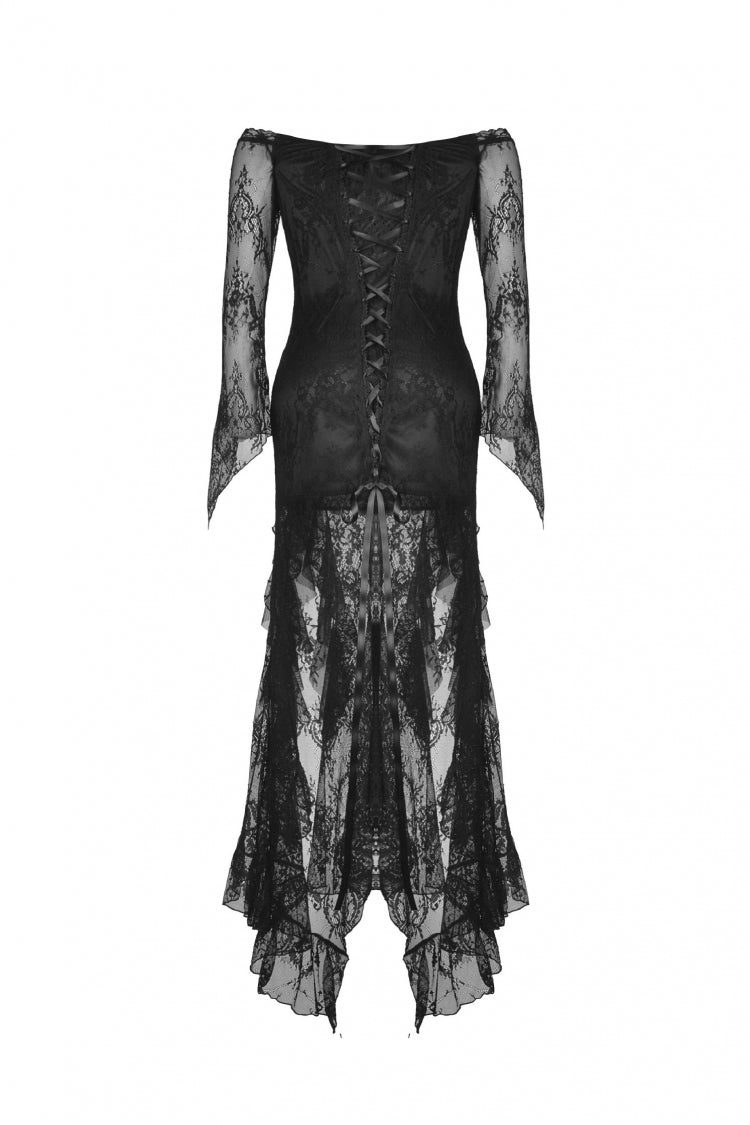 Black Off Shoulder Long Sleeves Lace Lace-Up Women's Gothic Mermaid Wedding Dress - Product - 14