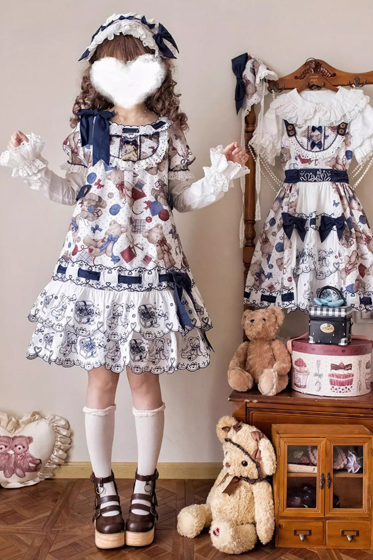 Multi-Color [Little Bear Tailor] Round Collar Short Sleeves Double-Layered Printed Ruffled Bow Sweet Lolita Dress - Product - 2