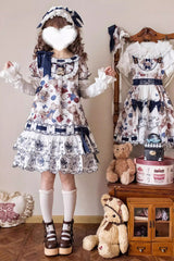 Multi-Color [Little Bear Tailor] Round Collar Short Sleeves Double-Layered Printed Ruffled Bow Sweet Lolita Dress - Product - 2