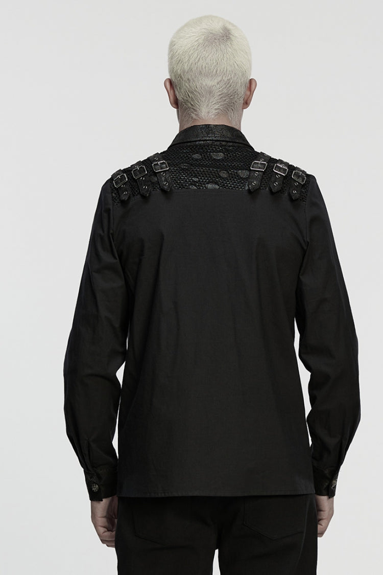 Black Lapel Collar Long Sleeves Stitching Buckle Straps Men's Punk Blouse - Product - 3