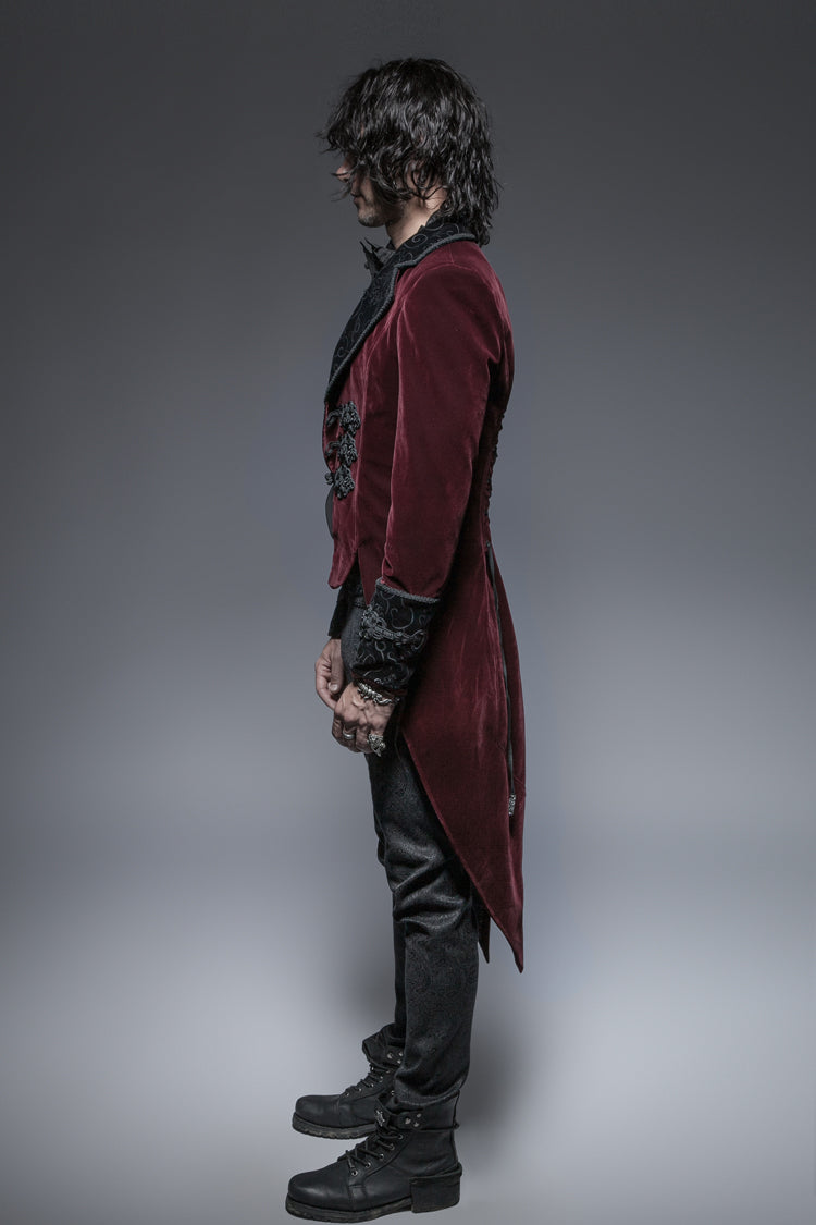 Red Embroidery Swallowtail Hem Mens Gothic Victorian Coat - Product - 3