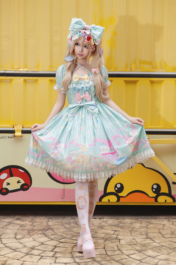 Green [Macarons Dolly House] Square Collar Short Lantern Sleeves Printed Bow Sweet Lolita Dress - Product - 2